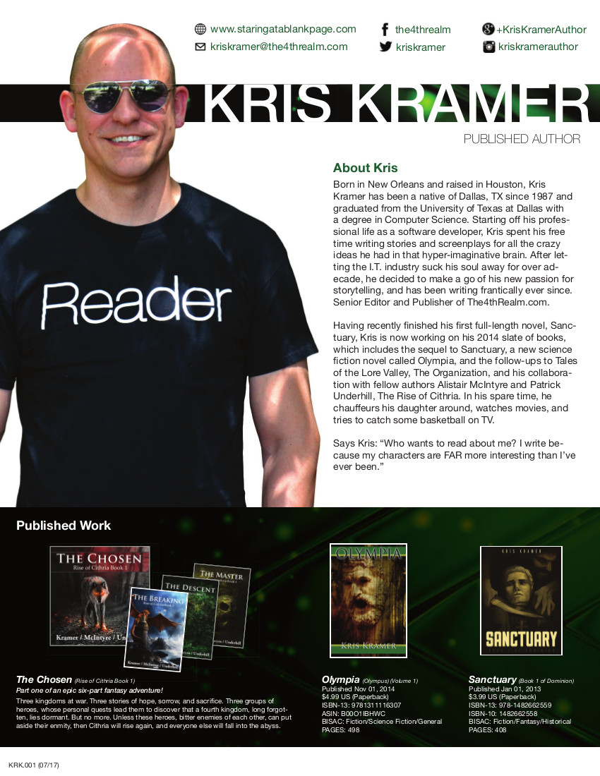 Sample media kit for author Kris Kramer, created by FileNotFound.Studio
